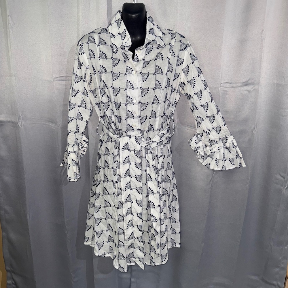 Fine Garments By Bell Embroidered Fan Print Shirt Dress 6 White Blue Ruffle Cuff